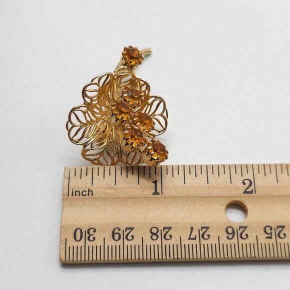 Vintage Gold Filigree Floral Brooch With Amber Rhinestones - Picture 4 of 4